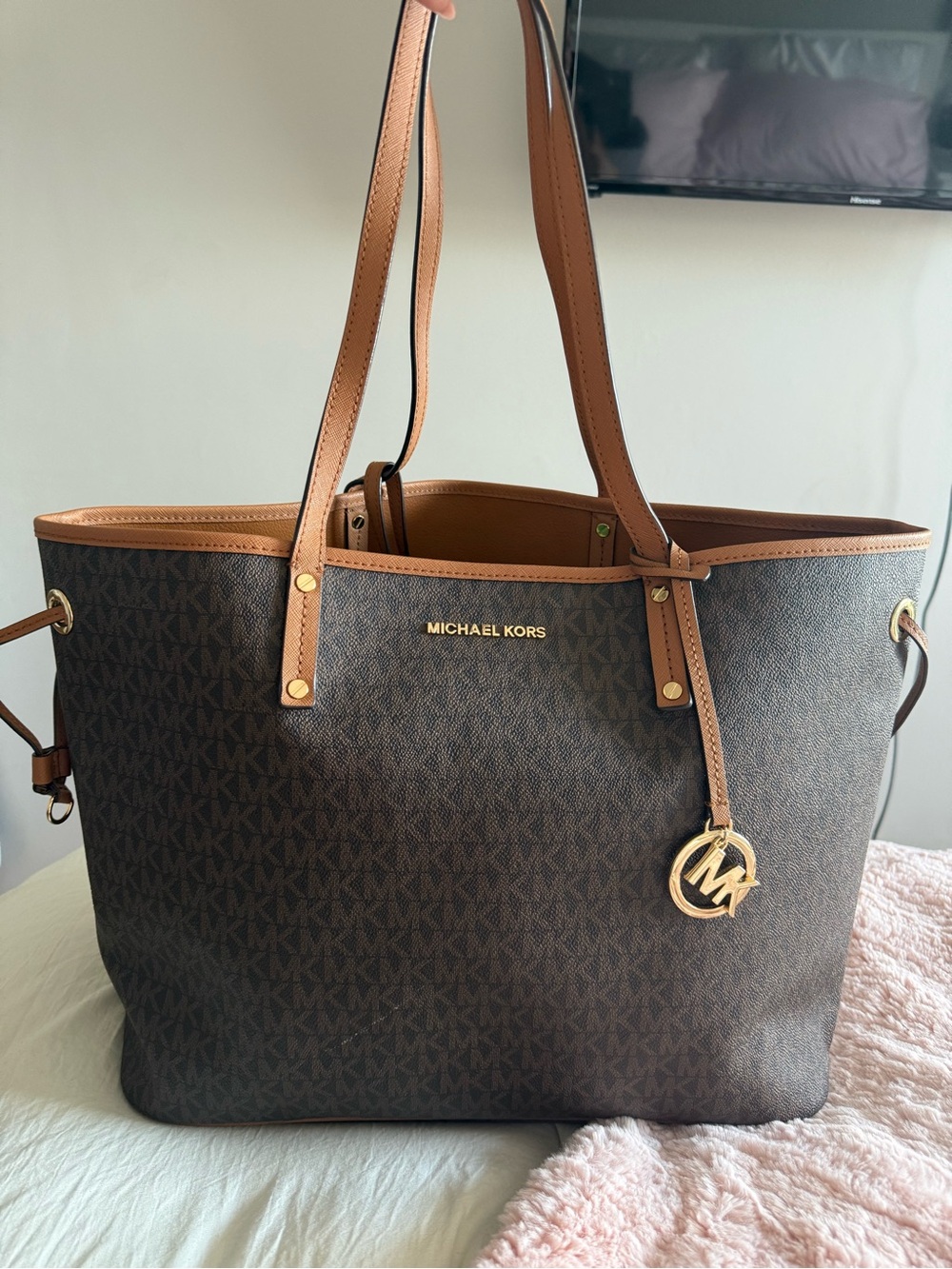 Michael Kors Brown Logo Tote with Tan Trim and Gold Hardware